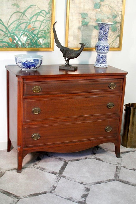 Sabre Leg Three Drawer Ribbon Mahogany Dresser circa 1940s