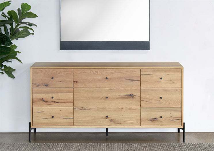 Light Oak 9 Drawer Dresser With Gunmetal Hardware