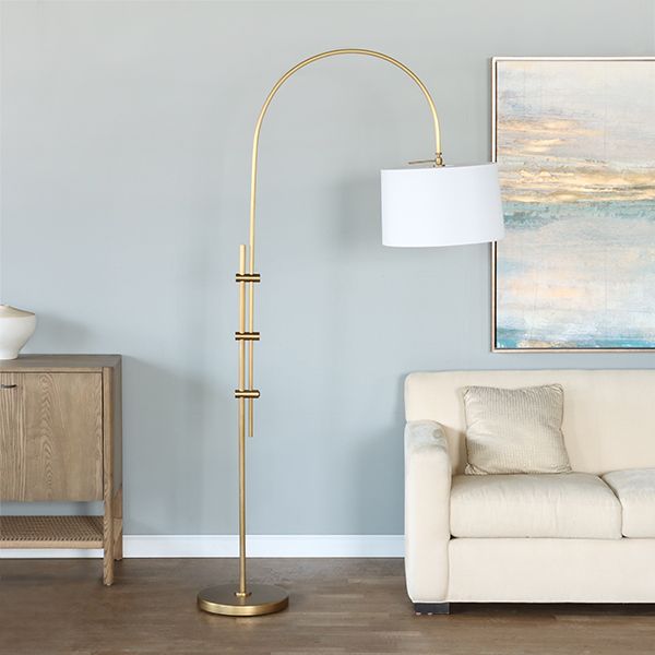 Natural Brass Arc Floor Lamp with Fabric Shade