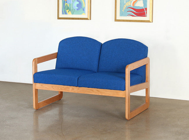 Natural Oak Loveseat in Blue Upholstery