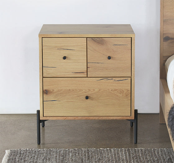 Light Oak Three Drawer Nightstand With Gunmetal HW
