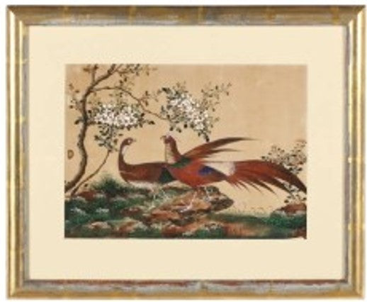 Antique Chinese Pith Painting 19th c. Pheasants 16.5W x 13.5