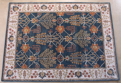 9' x 12' Traditional Indian Indigo and Dark Ivory Hand-tufted Wool Rug 