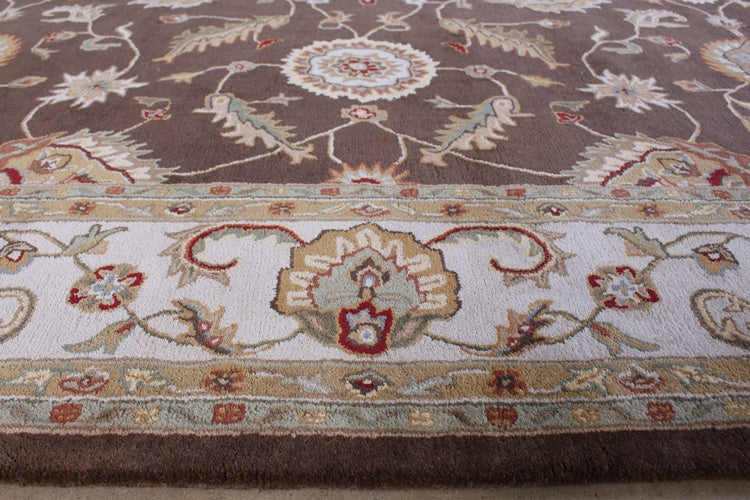 10' x 14' Traditional Indian Cocoa Brown and Dark Ivory Hand-tufted Wool Rug