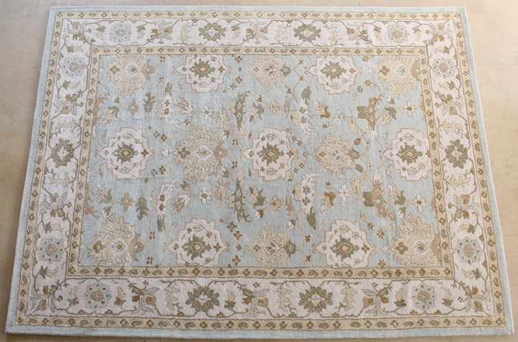 9' x 12' Traditional Indian Sky Blue and Antique White Hand-tufted Wool Rug