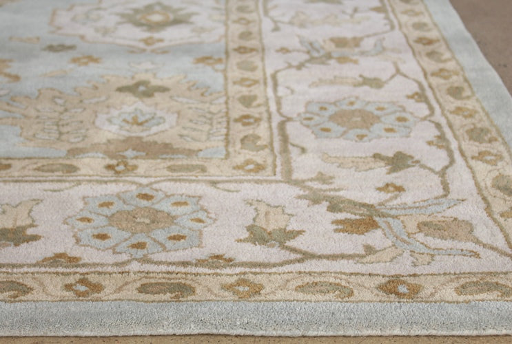 9' x 12' Traditional Indian Sky Blue and Antique White Hand-tufted Wool Rug