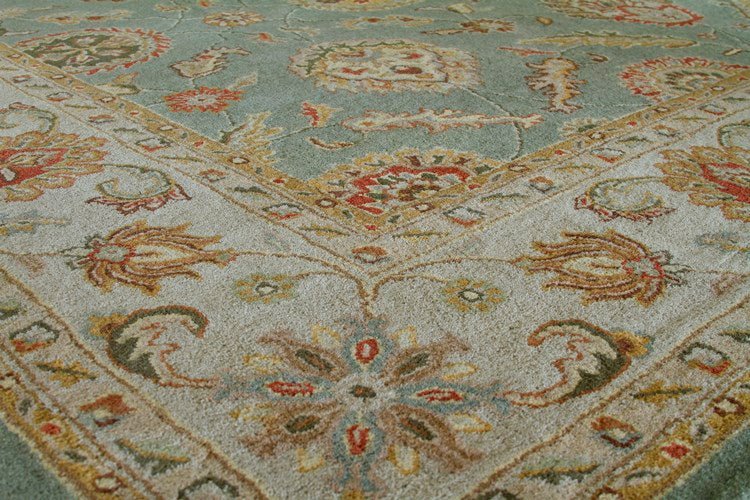 10' x 14' Traditional Indian Sea Green and Light Gold Hand-tufted Wool Rug