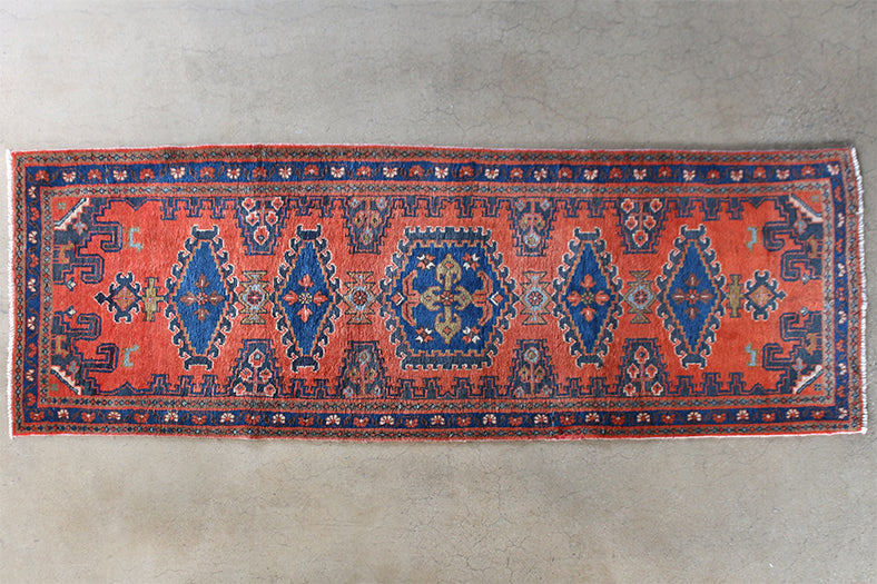 3'6" x 10'7" Brick Red and Blue Azerbaijani Persian Runner Circa 1970