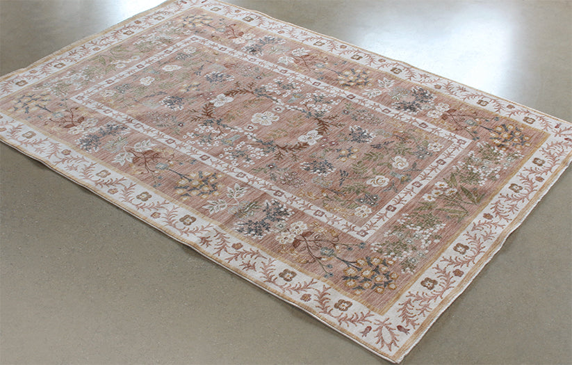 6'7" X 9'4" Camel And Coral Botanical Rug