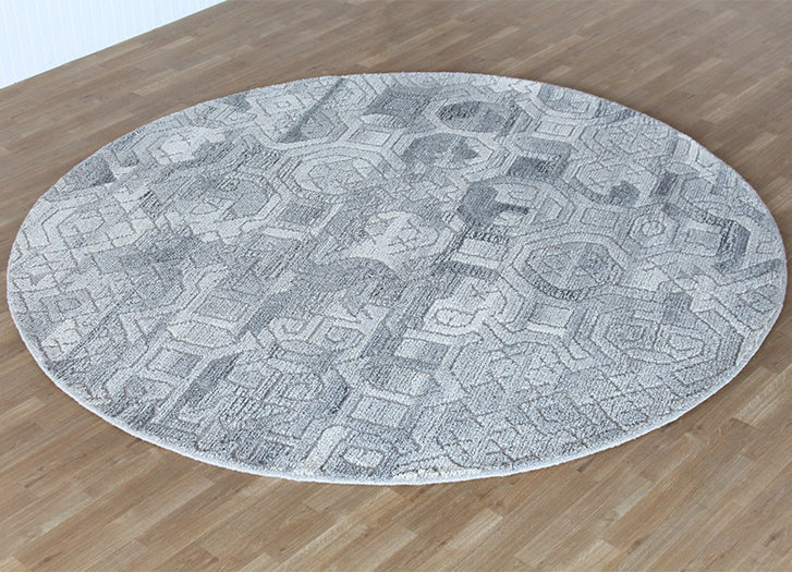 8' Round Grey Neutral Geometric Rug