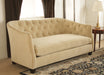 SF02ATL - Curved Blond Velvet Sofa with Tufted Back and Toss Pillows