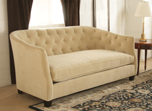 SF02ATL - Curved Blond Velvet Sofa with Tufted Back and Toss Pillows