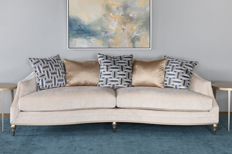 Blush Taupe Curved Arm Sofa With Toss Pillow Back
