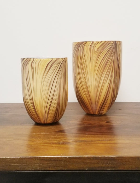 Set Of 2 Honey Hued Hand Blown Glass Vases