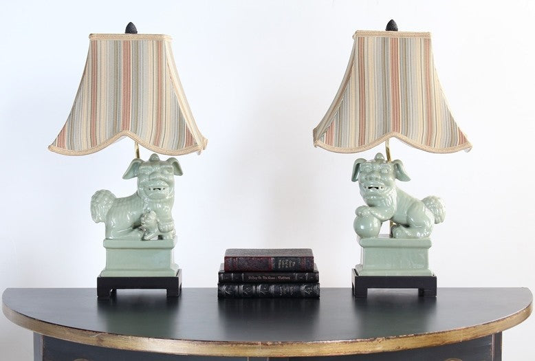 Pair of Celedon Foo Dog Table Lamps
