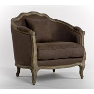 Limed Gray French Style Club Chair with Aubergine Linen Upholstery