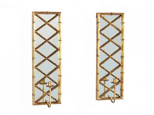 Antiqued Gold Bamboo Mirrored Candle Sconce (Pair)
