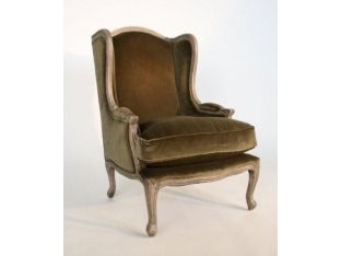 Olive Velvet Wing Chair with Weathered Wood Frame