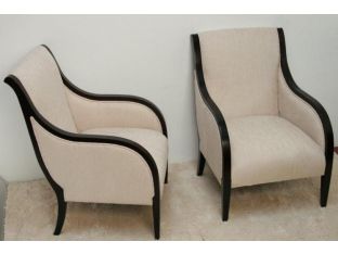 Curved Dark Wood Club Chair with Oyster Upholstery