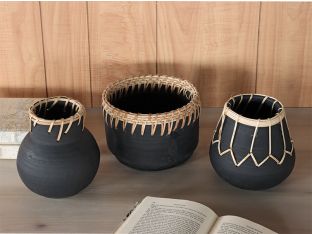 Charcoal Terracotta Jars w/Rattan Piping Set of 3 - Cleared