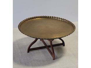 Moroccan Round Brass Tray Table With Wood Stand