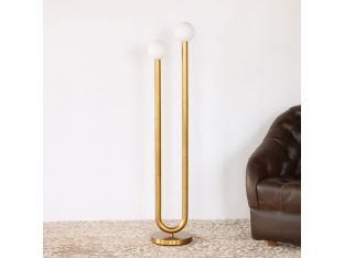 Two Armed Tubular Brass Floor Lamp w/Round Base
