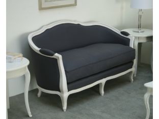 Gray Linen French Style Loveseat in Antique White Finish