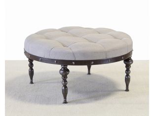 Taupe Tufted Ottoman With Mahogany Wood Base