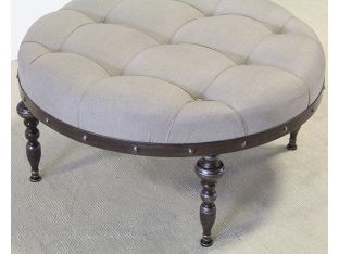 Taupe Tufted Ottoman With Mahogany Wood Base