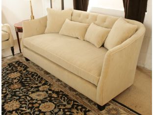 Curved Blond Velvet Sofa with Tufted Back and Toss Pillows