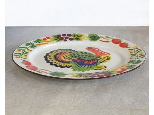 Metal Platter With Enamel Painted Turkey Design